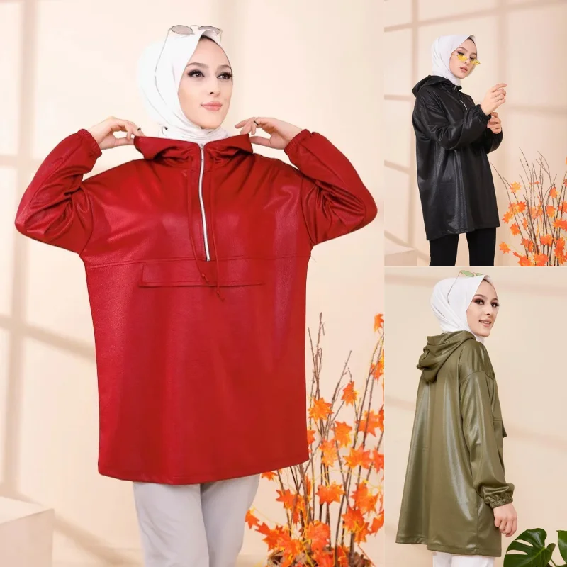 

High Quality Leather Tunic Muslim Woman Long Sleeve 2021 Turkish Fashion 4 Seasons Islamic Muslim Style Clothing Hijab Abaya