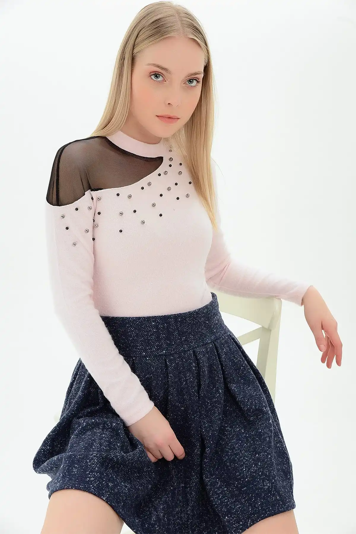 Хлопковое настроение Женская пудра ресницы тек Шул тюль с жемчугом блузка