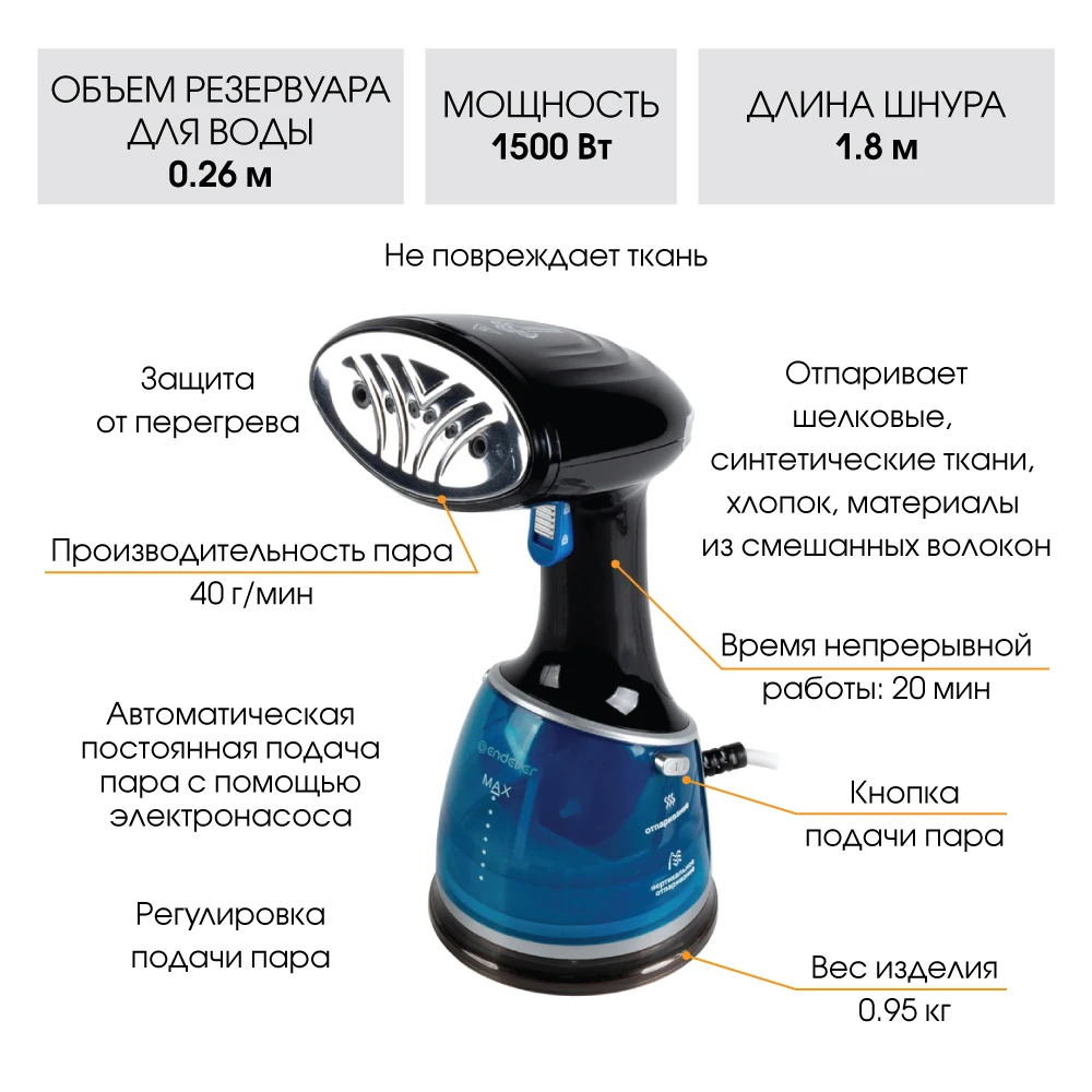 Отпариватель для одежды ручной Endever Odyssey Q-428 Мощность - 1500 Вт Производительность