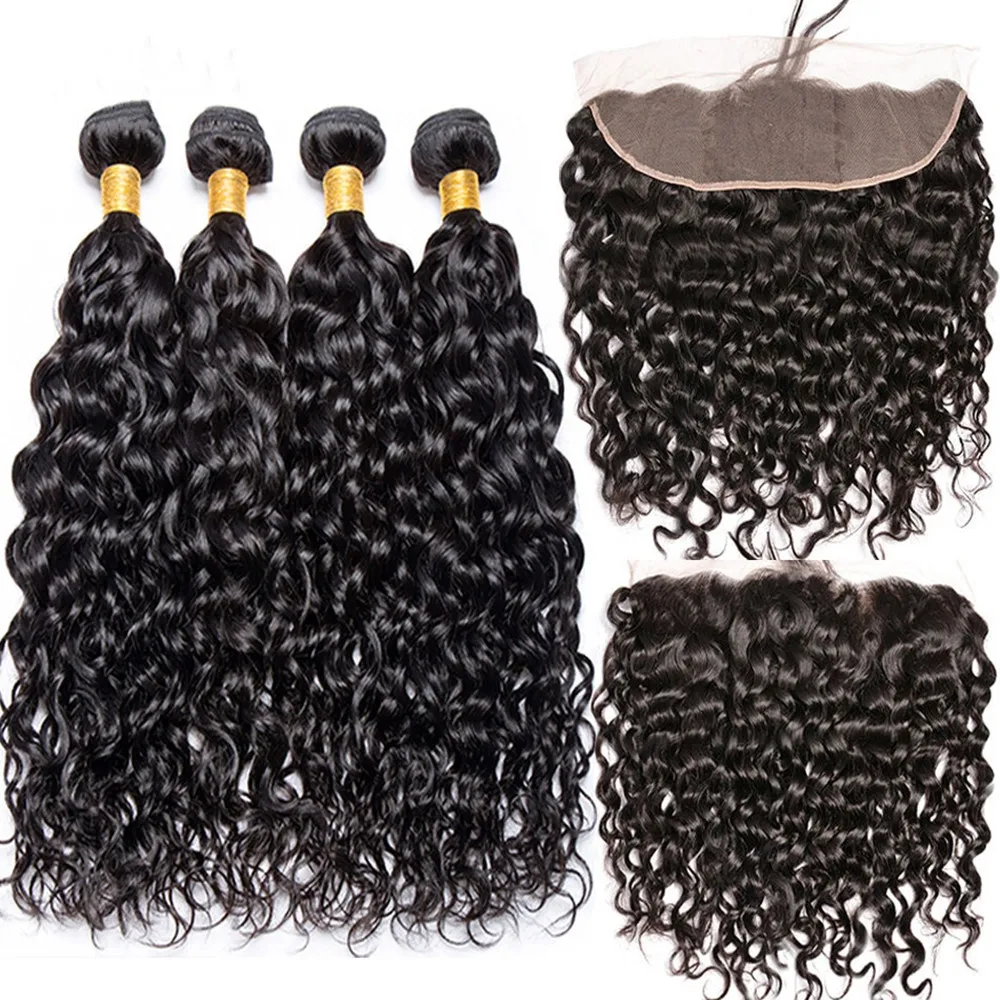 Water Wave Bundles With Closure Frontal Brazilian Human Hair Bundles With Closure Pre Plucked 3/ 4 Bundles With Closure Remy