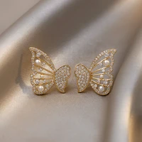 new trendy butterfly pearl stud earrings for women korean elegant bee zircon rhinestone asymmetrical earring party jewelry gifts