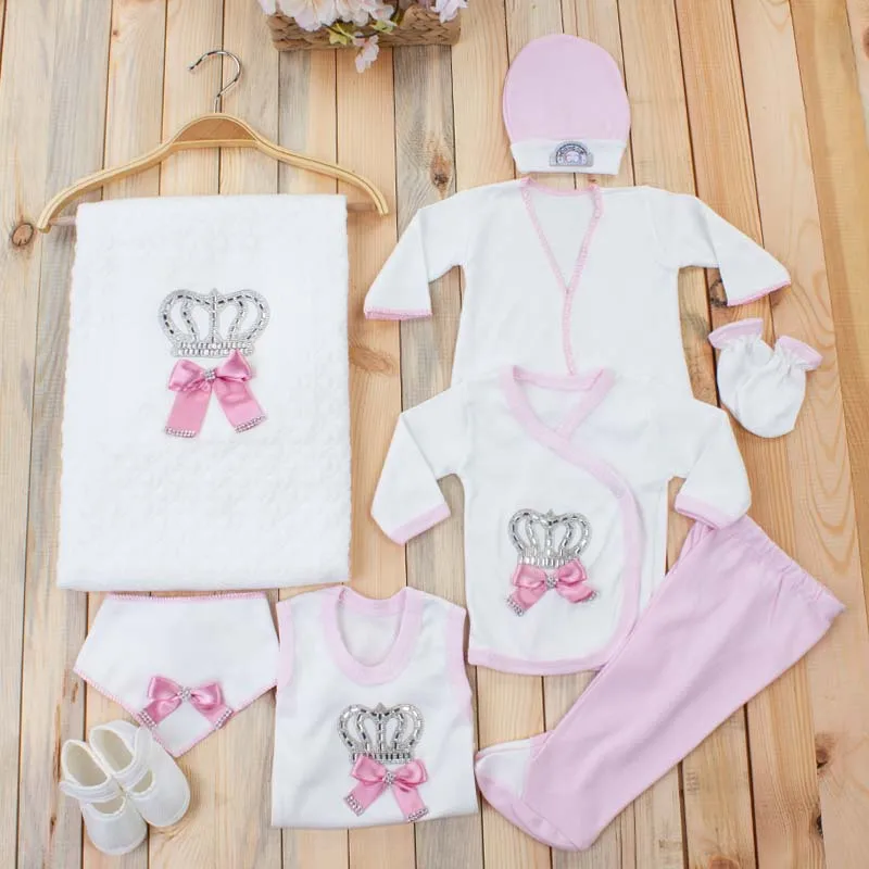 Powder Pink Girls Boys For Newborn Baby Set Clothing Suit 10Pcs King Queen Crowned Babies Girl Male Blanket Rompers clothing |