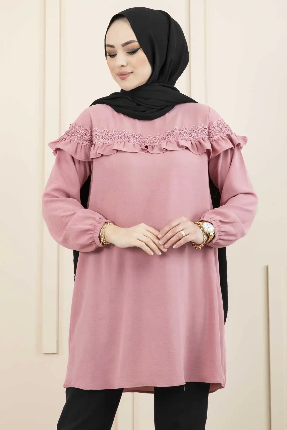 

Women's Clothing Guipure Detailed Aerobin Veiling Tunic Ramadan New Fashion Abayas For Dubai 2022 Puff Sleeve Caftan Marocain