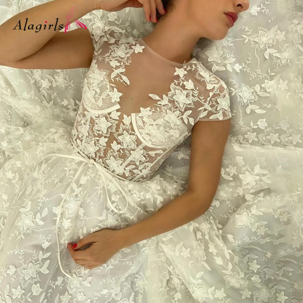 

Alagirls Elegant Wedding Dress Applique Bridal Gown Spaghetti Strap Beach Wedding Dress Boho Wedding Gown Long robe de mariée