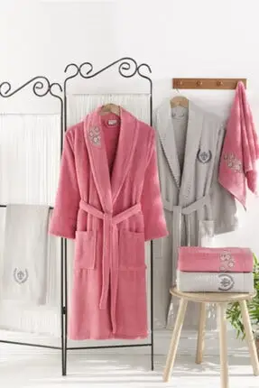 

6 Piece Softline Cotton Family Bathrobe Set Pink Gray Color Bathing Gown Bathroom Family Set