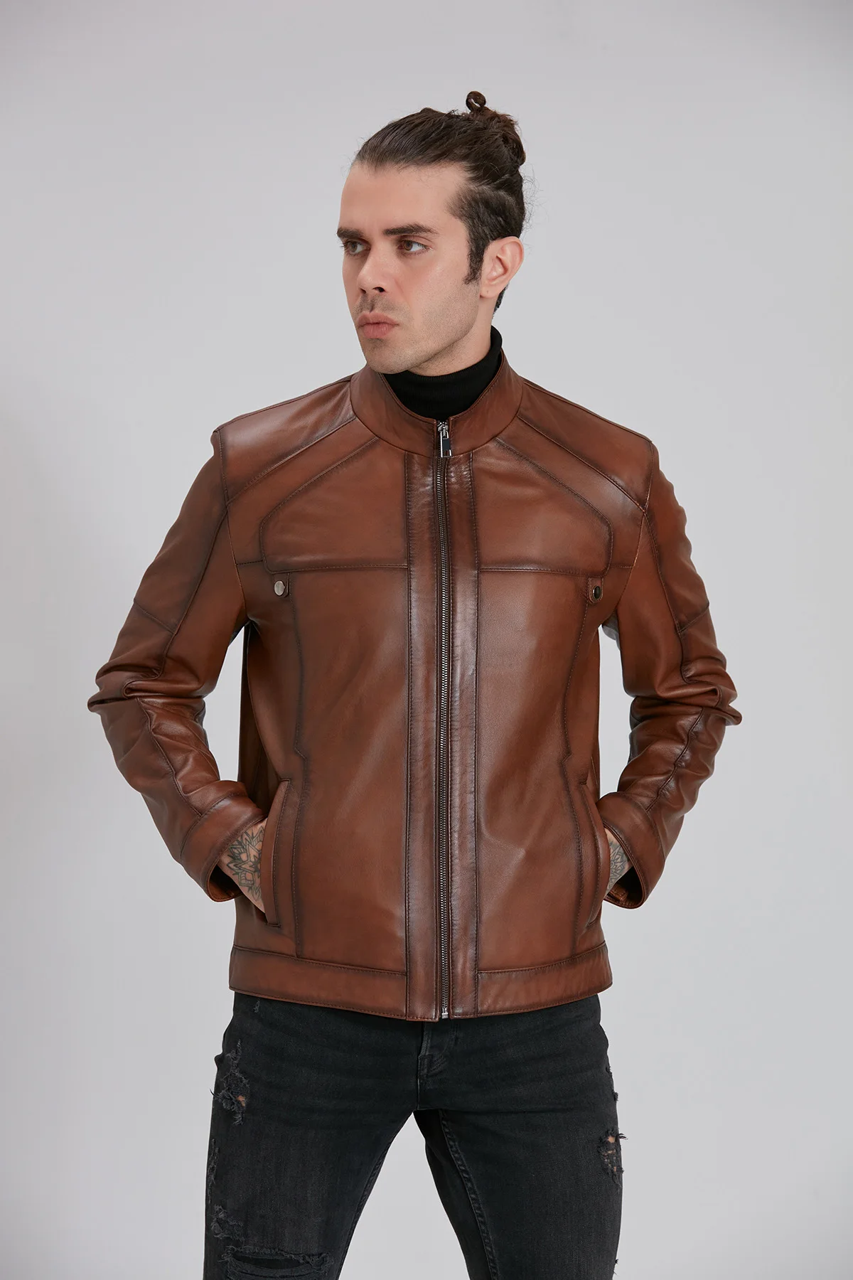 

Genuine Men's Leather Jacket,Luxury Brown,Collar Stand,Zipper Cloure,Pockets,Biker,Orginial Lambskin Outwear,Clothing,Spring,