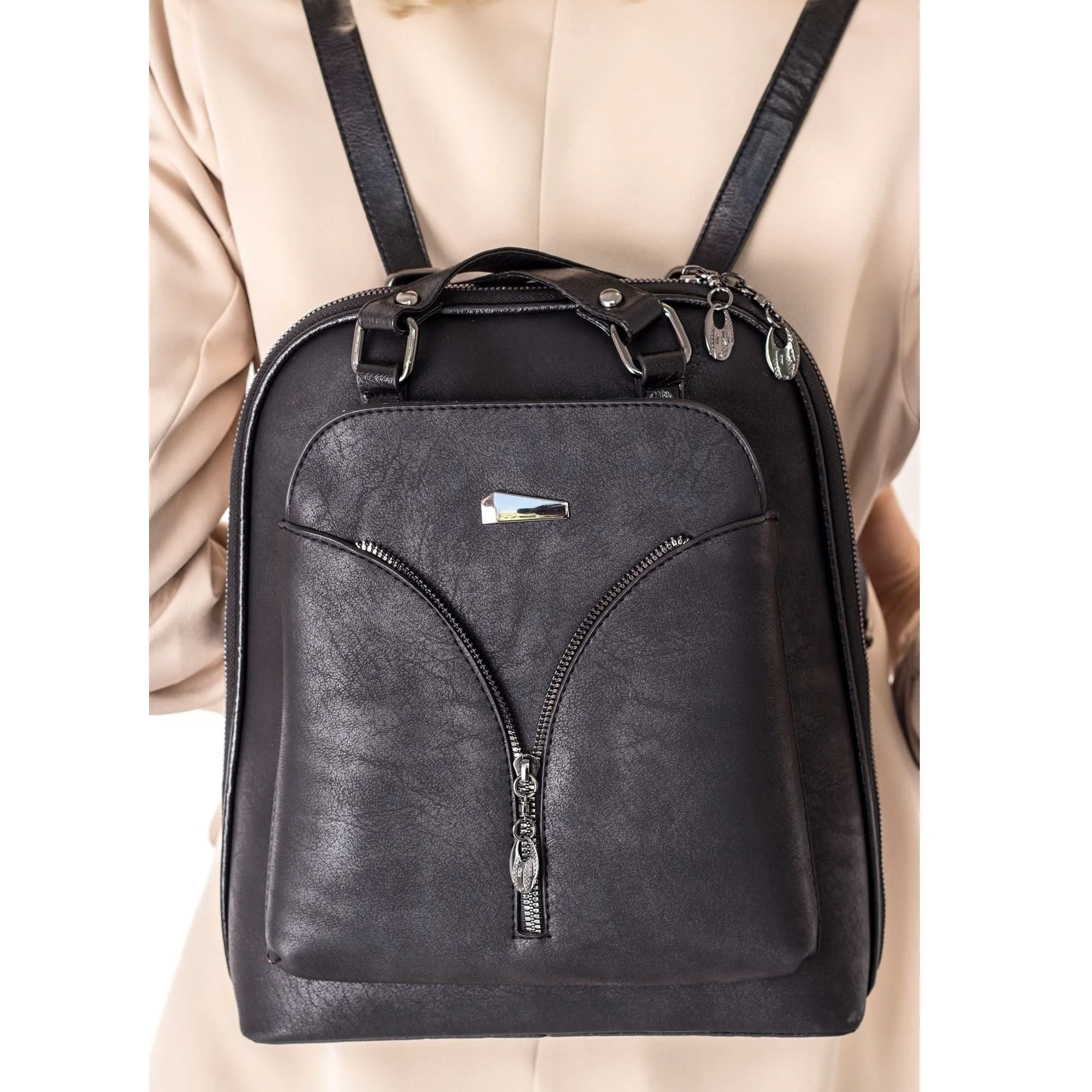

Black Color Women Lady Trend Fashion Zippered Waist Shoulder and Crossbody Pu Leather Bag