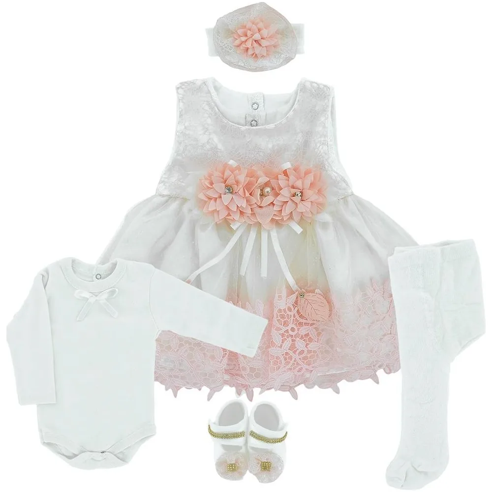 Baby Girl Birthday Dress 5 Pieces Floral Lace Detailed Special Day Costume Baby Dress Elegant And Showy