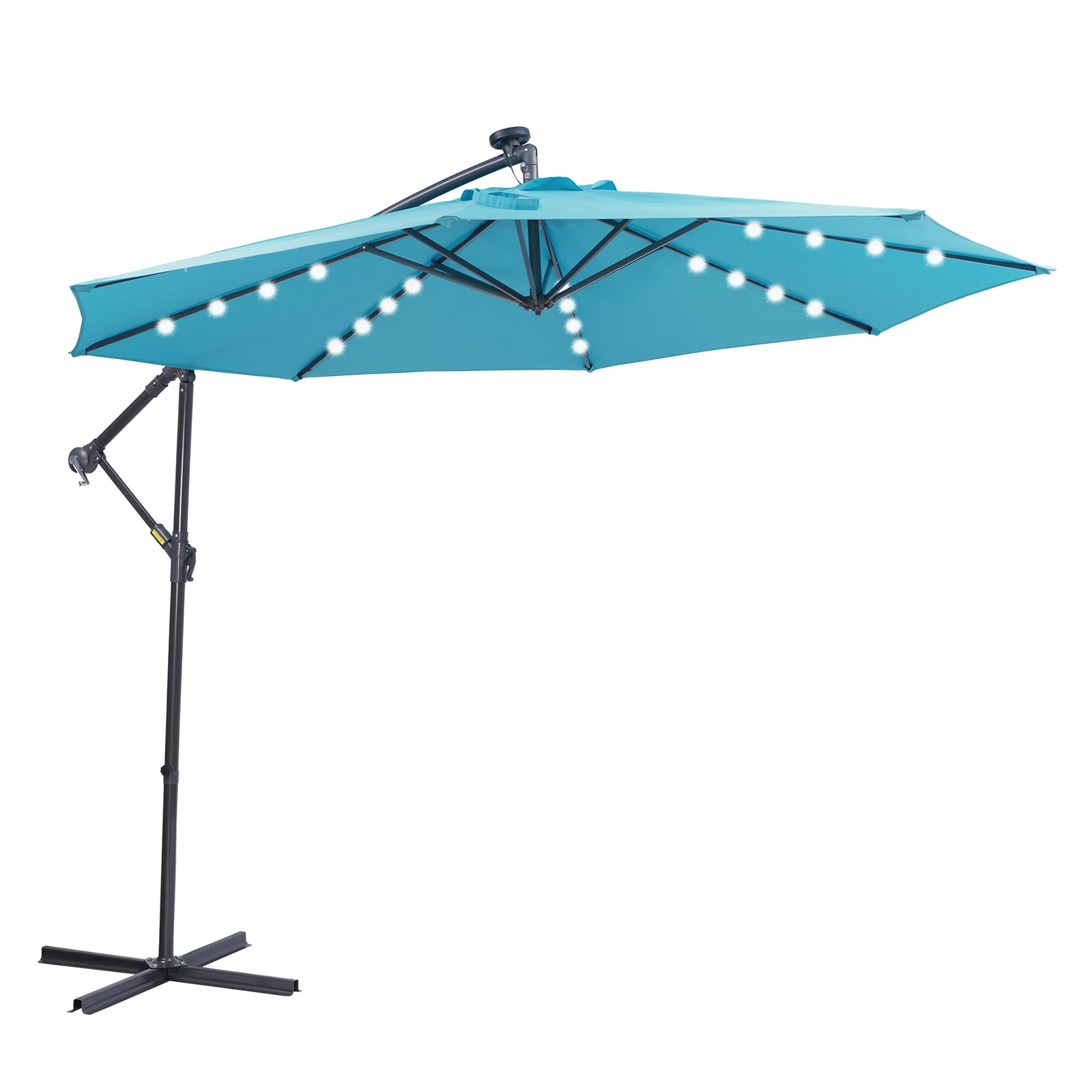 

10 FT Solar LED Patio Outdoor Umbrella Hanging Cantilever Umbrella Offset Umbrella Easy Open Adustment with 32 LED Lights Blue