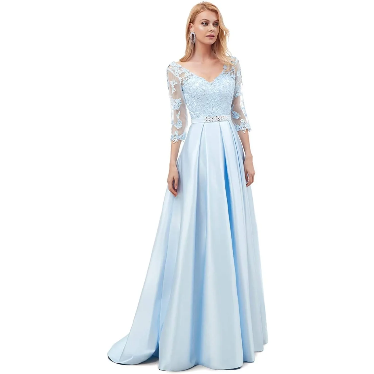 

A-line V-Neck Floor-Length Satin Lace Evening Dresses with Lace