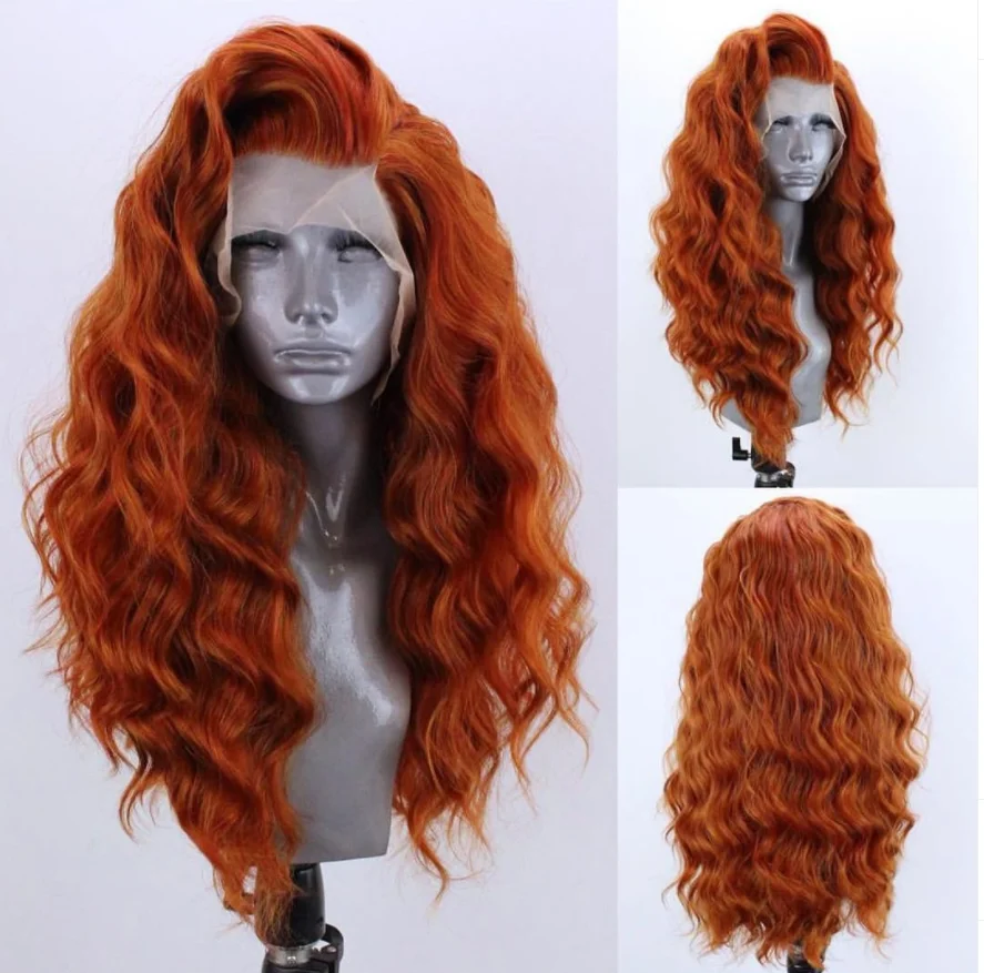 Body Wavy Lace Frontal Wigs Copper Red Synthetic Lace Front Wig for Women Glueless Heat Resistant Fiber Hair Makeup Wigs