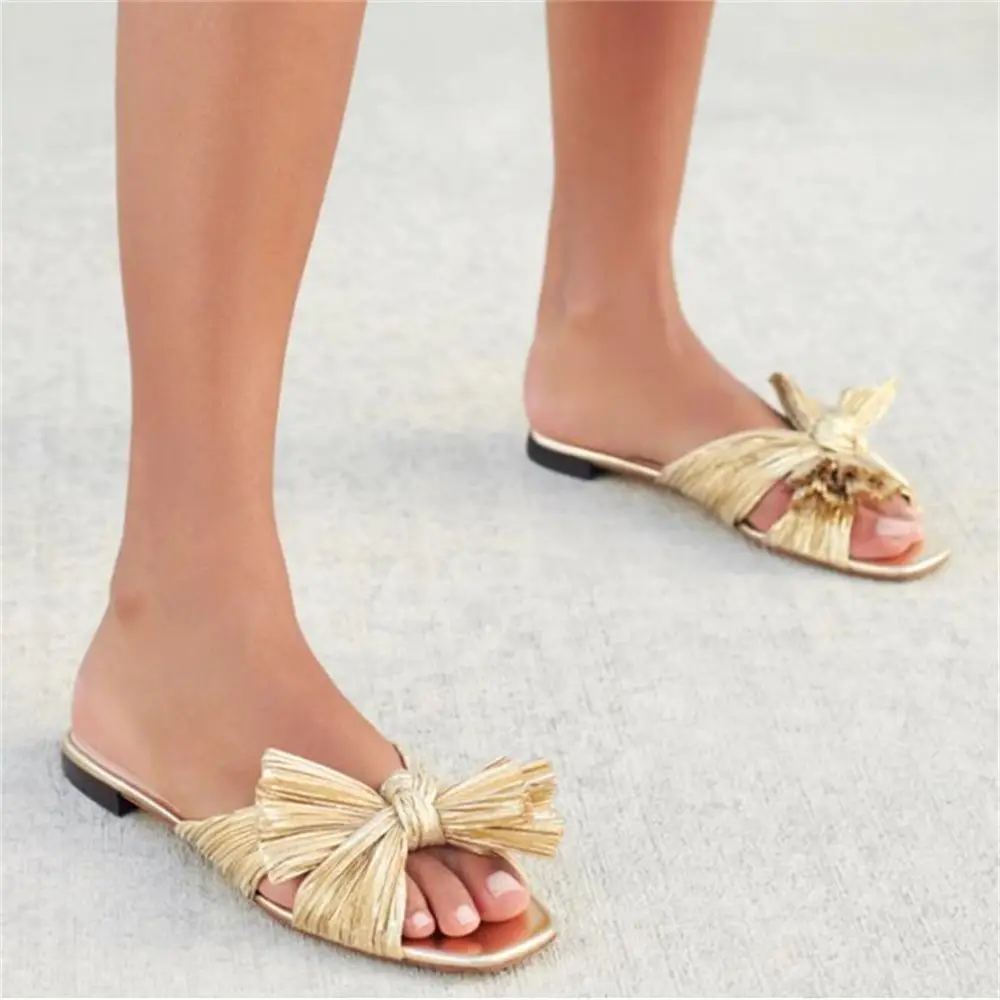

Women Summer Shoes 2022 Luxury Flat Sandals Plus Size Square Head Blue White Black Sweet Bow Outdoor Slippers