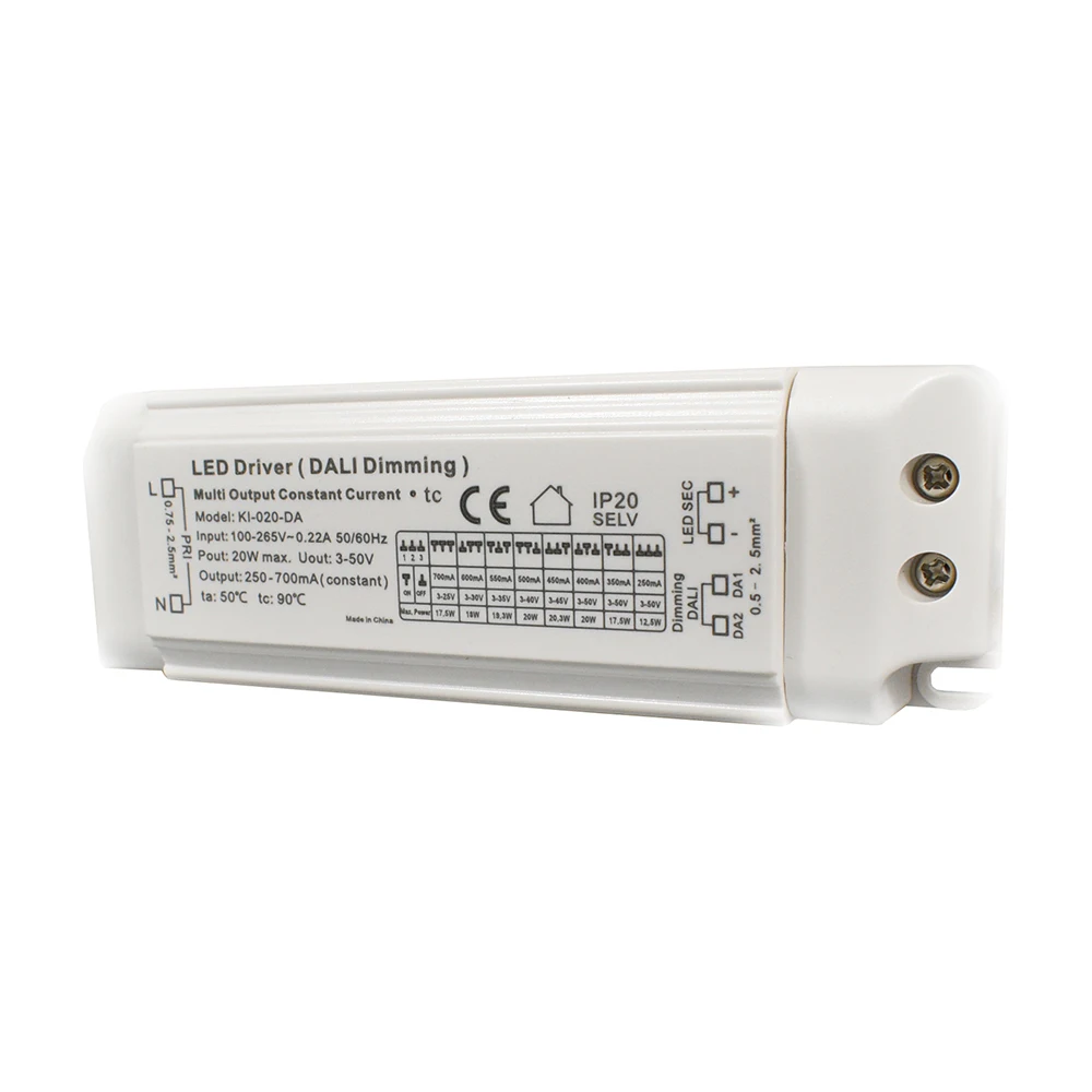 100-265V 0-700mA Output 3-50VDC Wide DC Voltage Range DALI Dimmable Power Supply 10W- 20W LED Light Constant SELV Driver