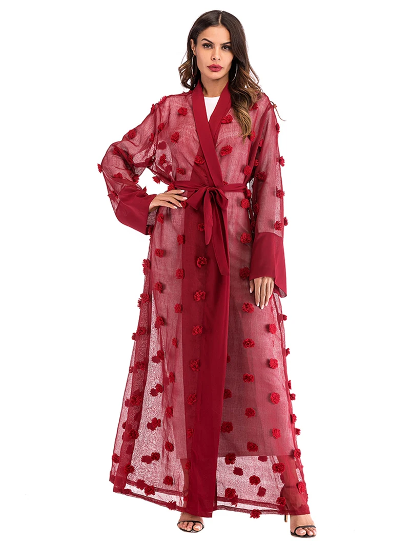 

Muslim Three-Dimensional Flower Mesh Loose Lace-Up Long Sleeve Cardigan Robe