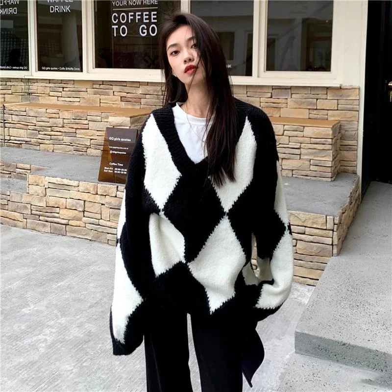 

Lazy Style Contrast Color Diamond Sweater Autumn and Winter Korean Version 2021 New V-Neck Loose Thick Long-Sleeved Knitted Top