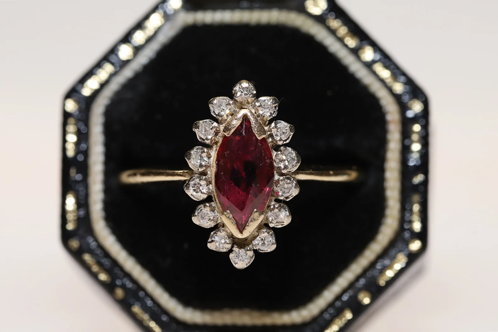 

Old Vintage 14k Gold Natural Diamond And Ruby Decorated Pretty Navette Ring