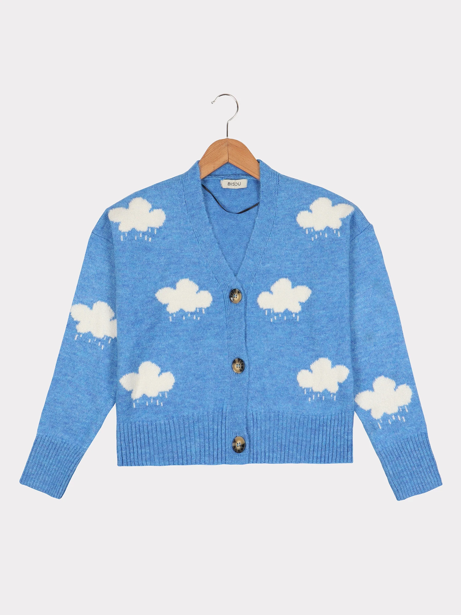 

Women's blue rain pattern cardigan jacket knitted hearing wool trend fashion stylist turkey production