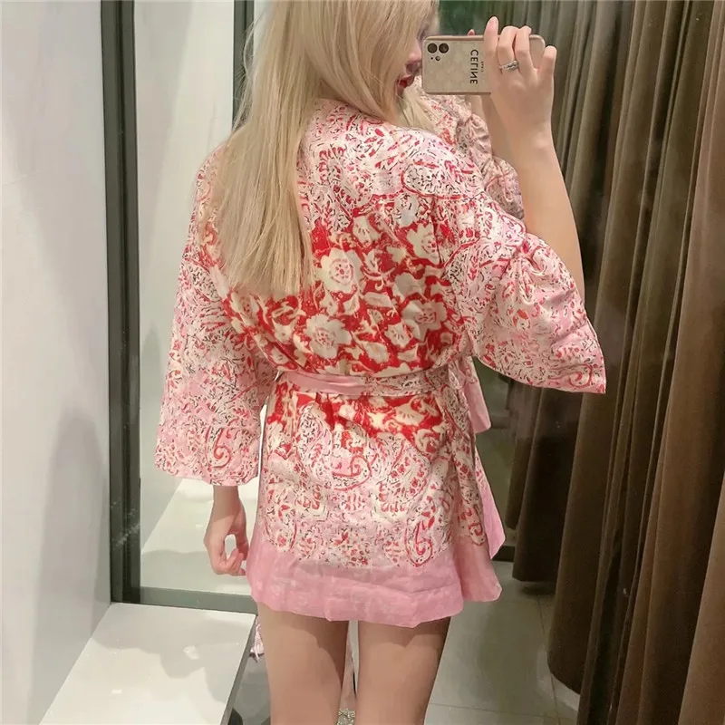 

NWOMN Za Pink Print Kimono Woman Summer Fashion Half Sleeve Elegant Blouses 2021 Beach Kimono Cardigan Belts Bow Women Blouse