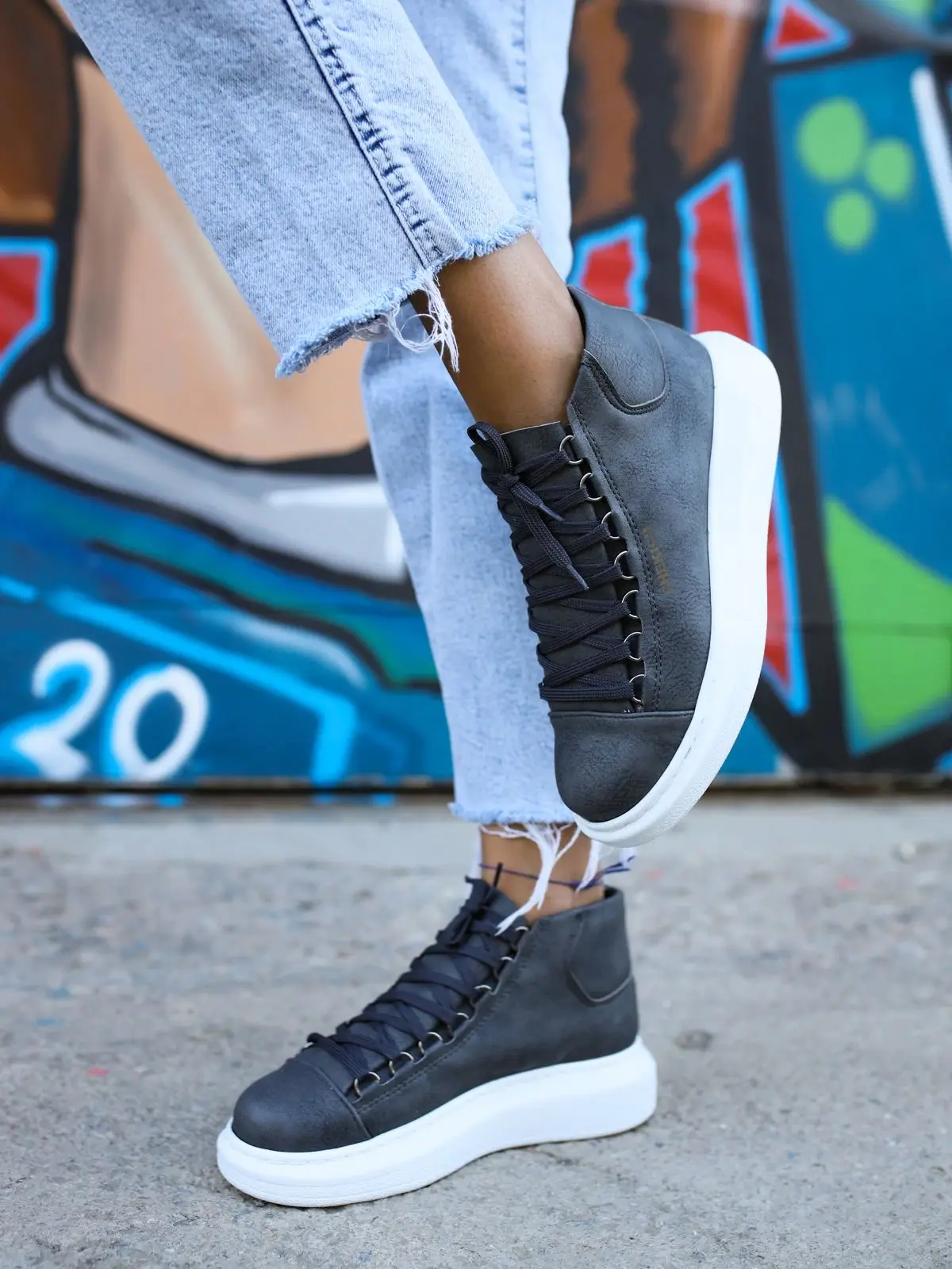 Chekich Women Girl Shoes Anthracite Color Lace-Up White Outsole Eco-Friendly Vegan Artificial Leather Odorless Classic CH258