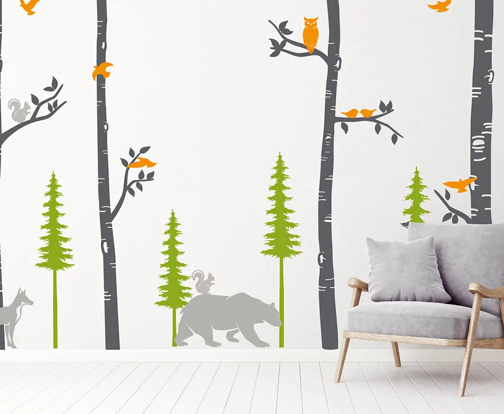 Forest Birch Tree Wall Decal with Animals Baby Nursery Stickers Pine and Trees | Дом и сад
