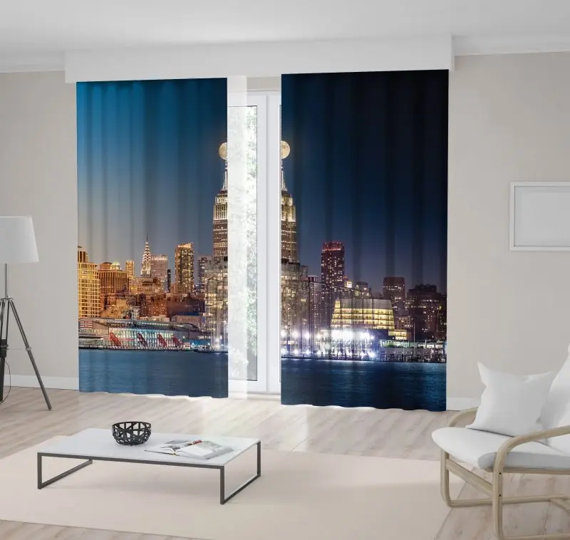 Занавески композитные день в ночь Timelapse с полной луной поднимающейся над Нью