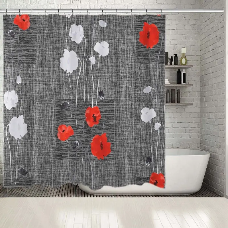 

Shower Curtain Poppy Flowers on Dark Background with Squares Wild Nature Blooms Decorative Watercolor Art Red White Gray