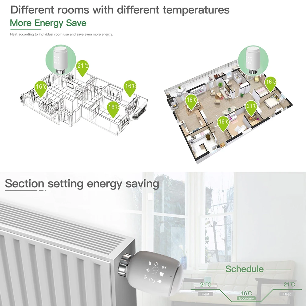 Фото Клапан радиатора Qiumi Zigbee, умный программируемый термостат, Нагреватель температуры, eTRV,Alexa,Google home №3