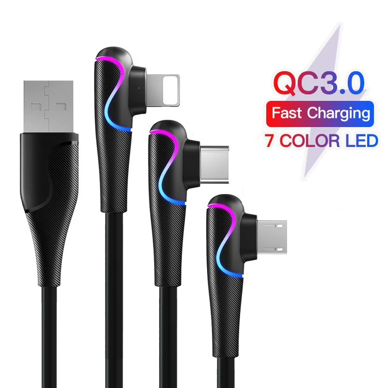 

3A QC 3.0 elbow breathing light data cable for iPhone 13 12 11 Pro Max 8 7 6 plus mobile phone data cable For Xiaomi Huawei