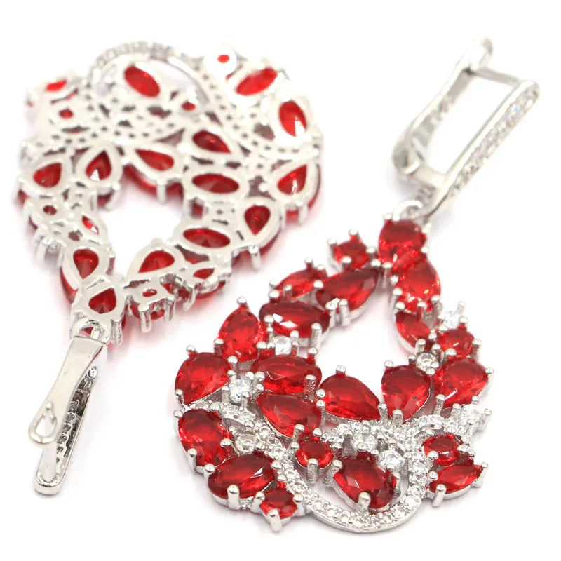 Длинные серьги 55x25 мм с красными Рубиновыми и белыми Фианитами для вечевечерние