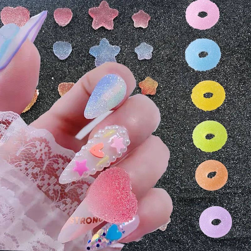 

Kawaii 50Pcs/pack 8/10/15mm Kawaii Gummy Nail Art Decoration Resin Sugar Charms Heart/Stars/Donuts Shape Candy Jelly Manicure