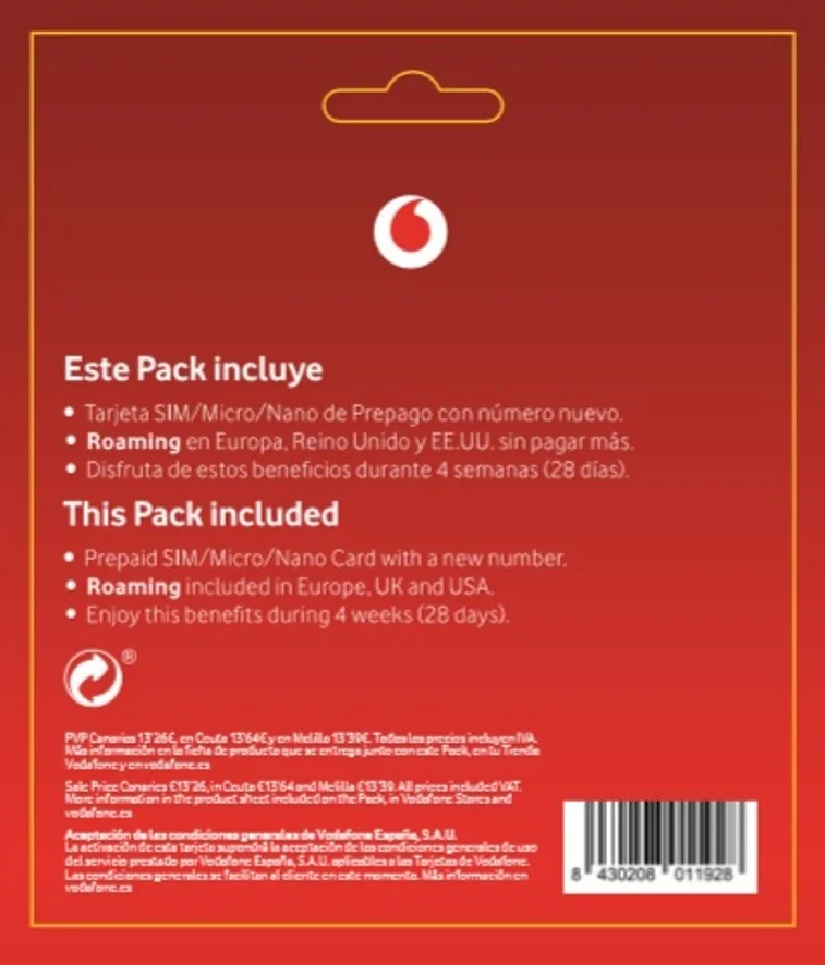 SIM-карта VODAFONE promago M 12 Гб + ilimadas ESPAÑA (800 мин. Международная скорость) роуминговая