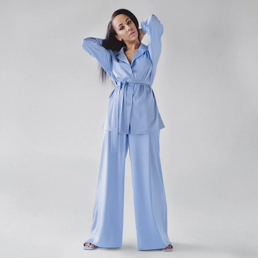 yellow pant suit Spring Summer Women Satin Home Wear Pants Suit Lace Up Loose Top & Wide Leg Pants 2 Piece Set Casual Solid Ladies Trousers Set white pant set