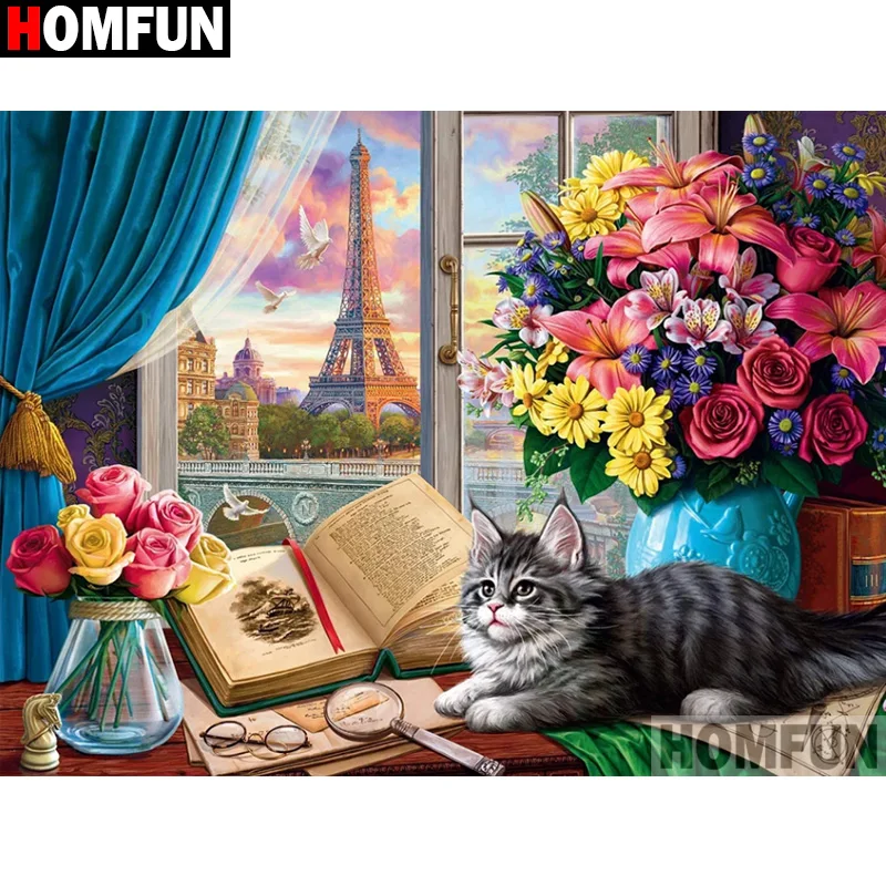 

Алмазная живопись HOMFUN «Кот Цветок», алмазная 5D Вышивка «сделай сам», полный набор стразы, вышивка крестиком, домашний декор