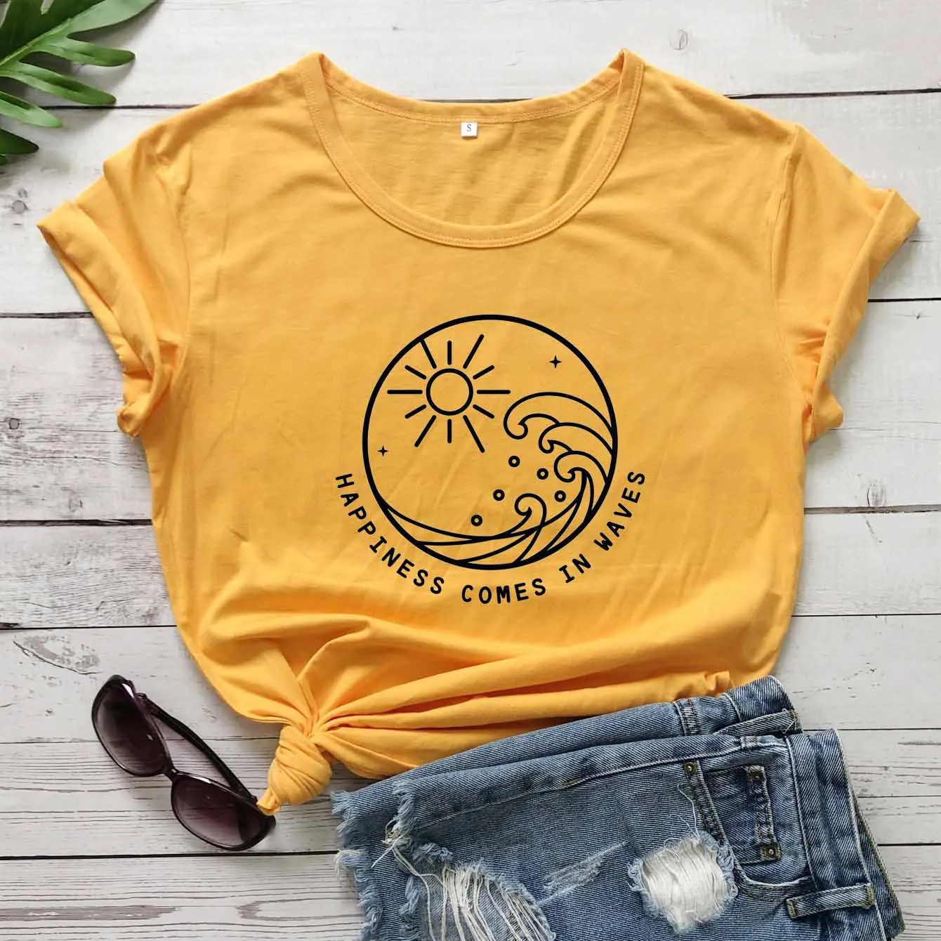 

Happiness comes in waves graphic slogan quote women fashion pure cotton casual hipster street style t shirt vintage art tee tops