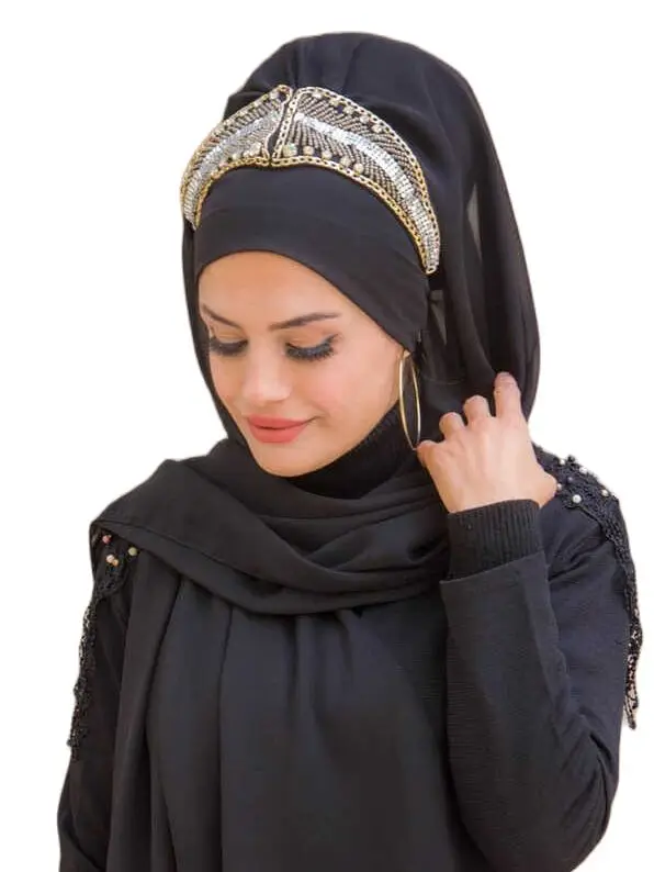 4 сезона Турция-Араб-Индия Исламский тюрбан Черный мусульманский головной платок Вечерние платья с цепями Платок-шаль Мусульманский хиджаб...
