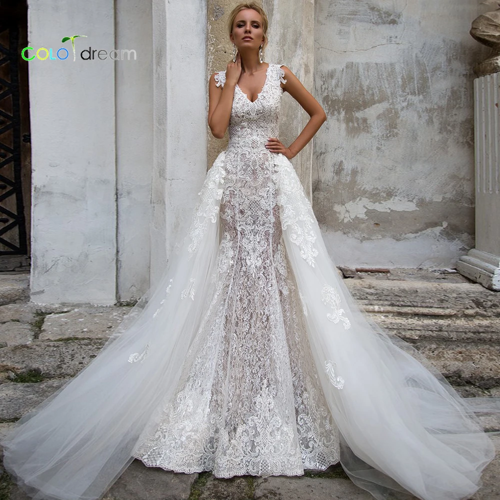 2019 свадебное платье-Русалка/Труба vestido de novia Съемный Поезд v-образным вырезом |