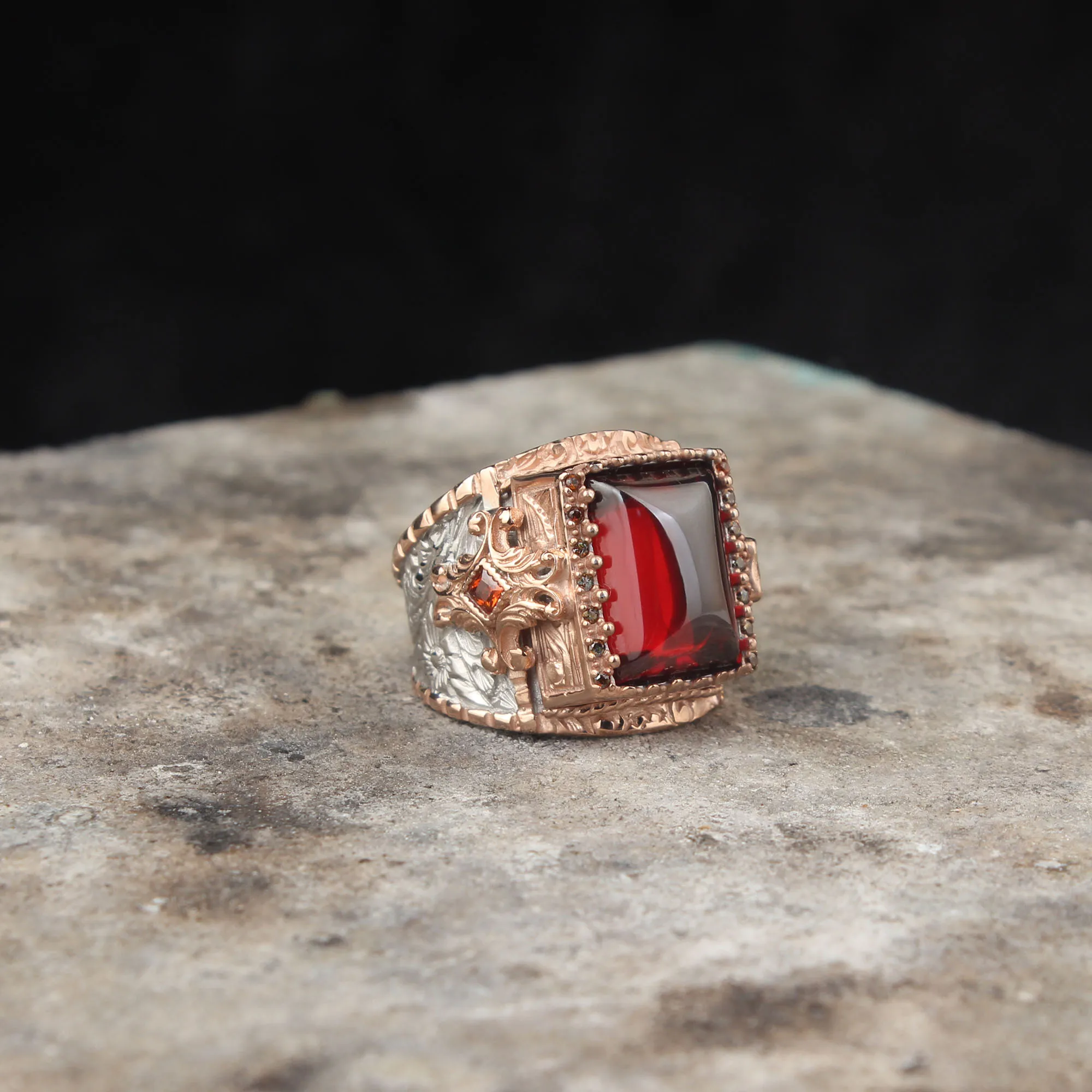 

925 Sterling Silver Red Zircon GemStone Men Silver Ring, Vintage Silver Ring For Men, Handmade Engraved Men's Ring, Ruby Stone M