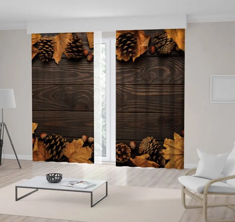 

Curtain Autumn Leaves Pinecones and Chestnuts on Wooden Table Country Style Home Decor Brown Yellow