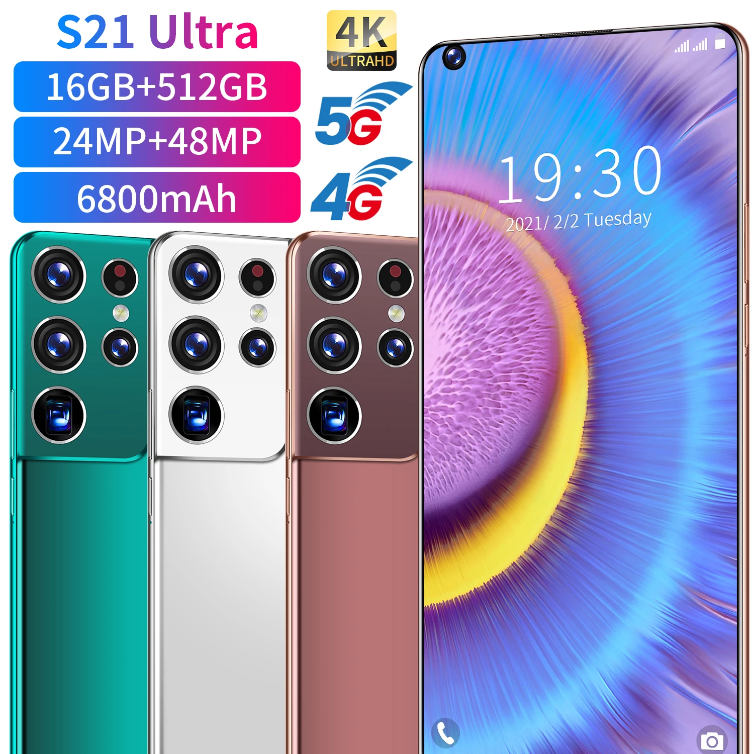 

New S21 Ultra 5G 16GB+512GB Cellphone 7.3" Unlock Global Version 4G 5G Small Android Smartphone Phone 24MP+48MP Mobile Phones