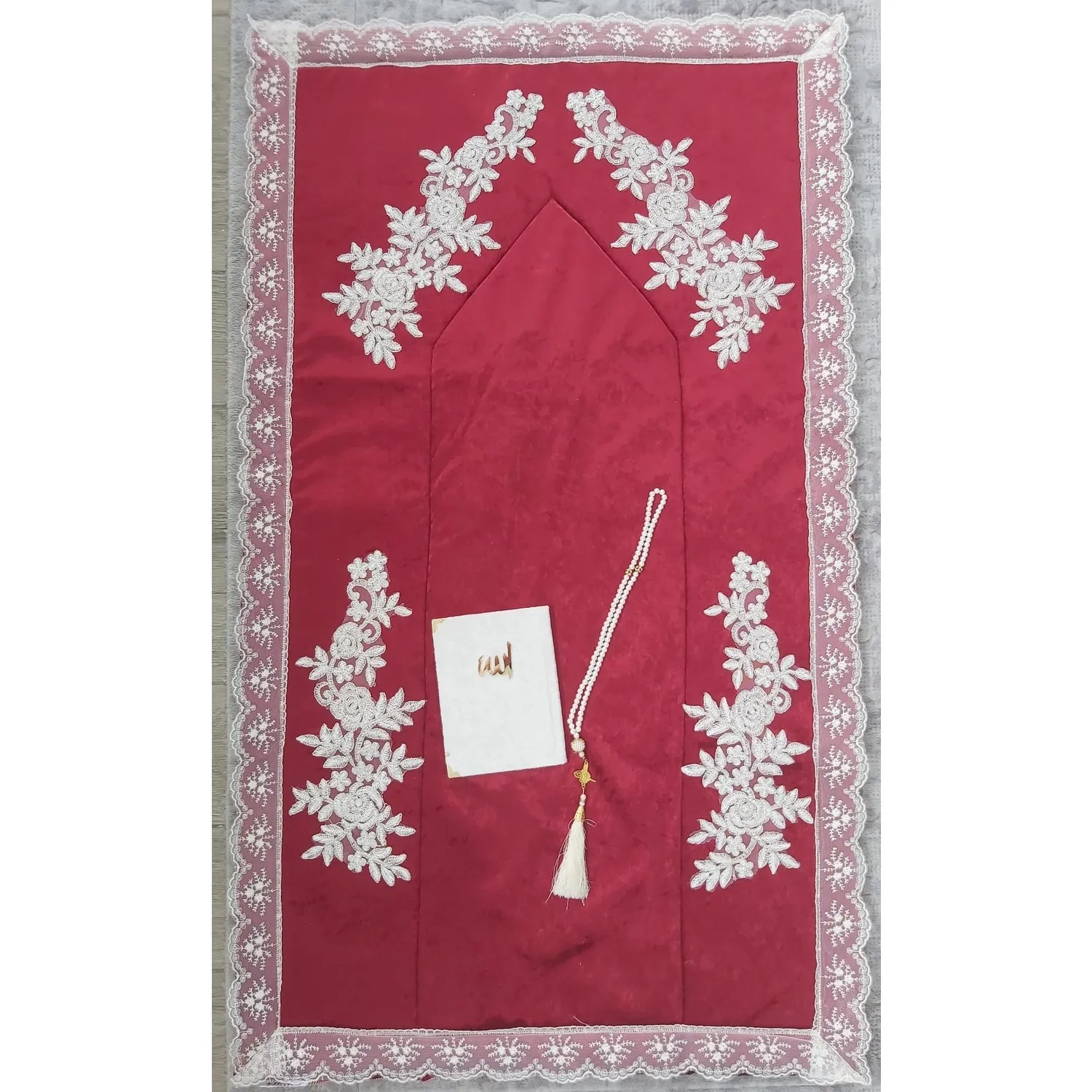 GREAT GIFT Claret Red French Lace Velvet Prayer Rug Dowry Bundle Set 3 Pcs   MUSLIM PRAYER COVER EASY TO USE   FREE SHİPPİNG