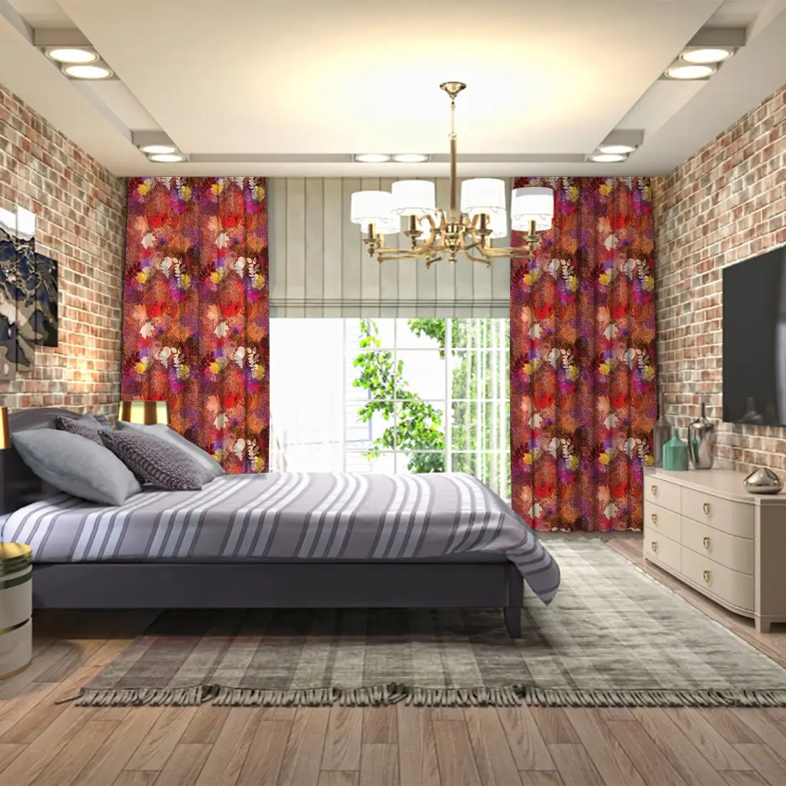 Занавеска с листьями цветочный рисунок листва дуба клена березы красный