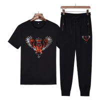 cinsy mens men set 2021 solid oversized causal outfits of owl and crown diamond print high street t shirt and pant for men
