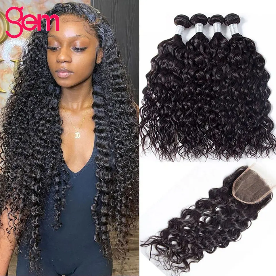 

Water Wave Bundles With Closure Human Hair Bundles With Frontal Virgin Brazilian Weaving Natural 30 Inch Bundles With Closure