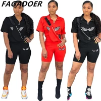 fagadoer fashion eye sequins summer tracksuits women sporty two piece set casual zip topbiker shorts matching outfit sweatsuit
