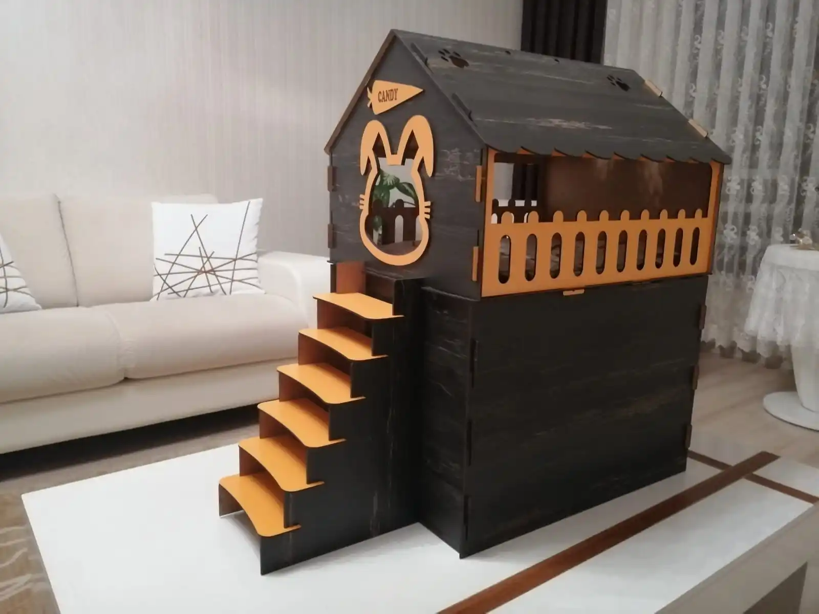 

Wooden 2 Floor Rabbit House Orange and black Decorative Bunny House Gift Pillow and feed Bowl Included