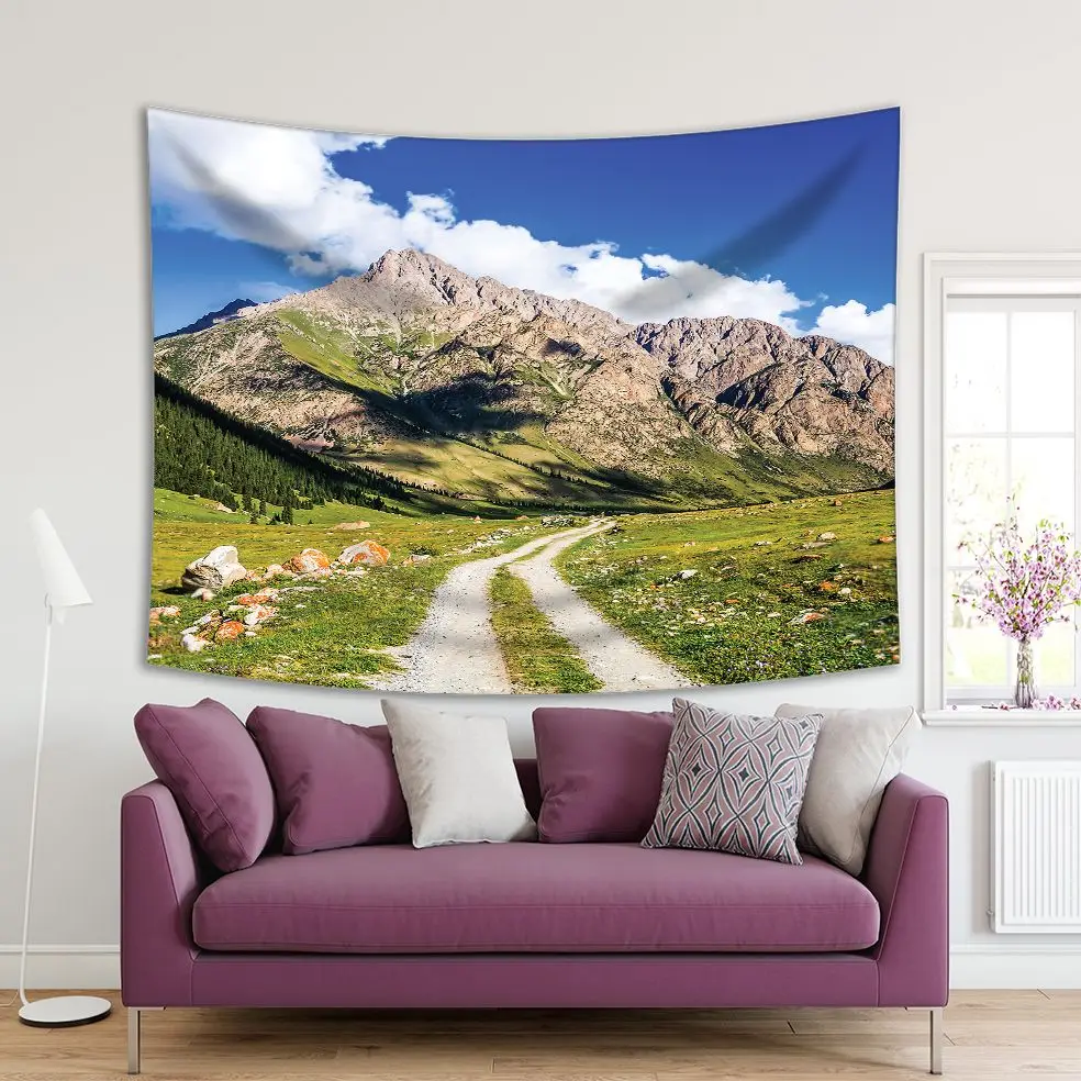 

Tapestry Mountain View Valley Road Clouds Sky Summer Landscape Scenery Blue Green White