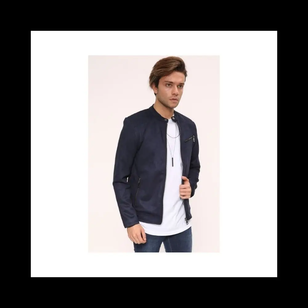 

Men's Navy Blue High Collar Suede Jacket 2021 Season Outwear Front Zipper Detailed High Quality Bomber Jacket SlimFit YoungStyle