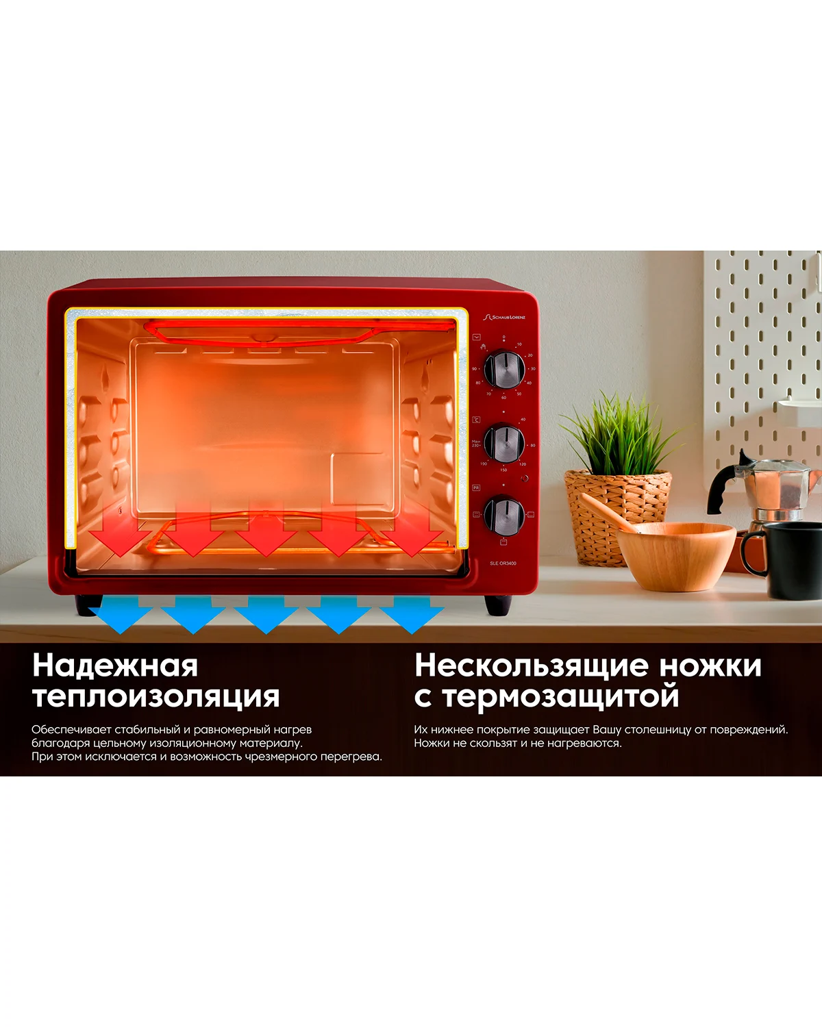Мини-духовка для дома Schaub Lorenz SLE OR3400 таймер 3 режима нижний нагрев верхний + белый |
