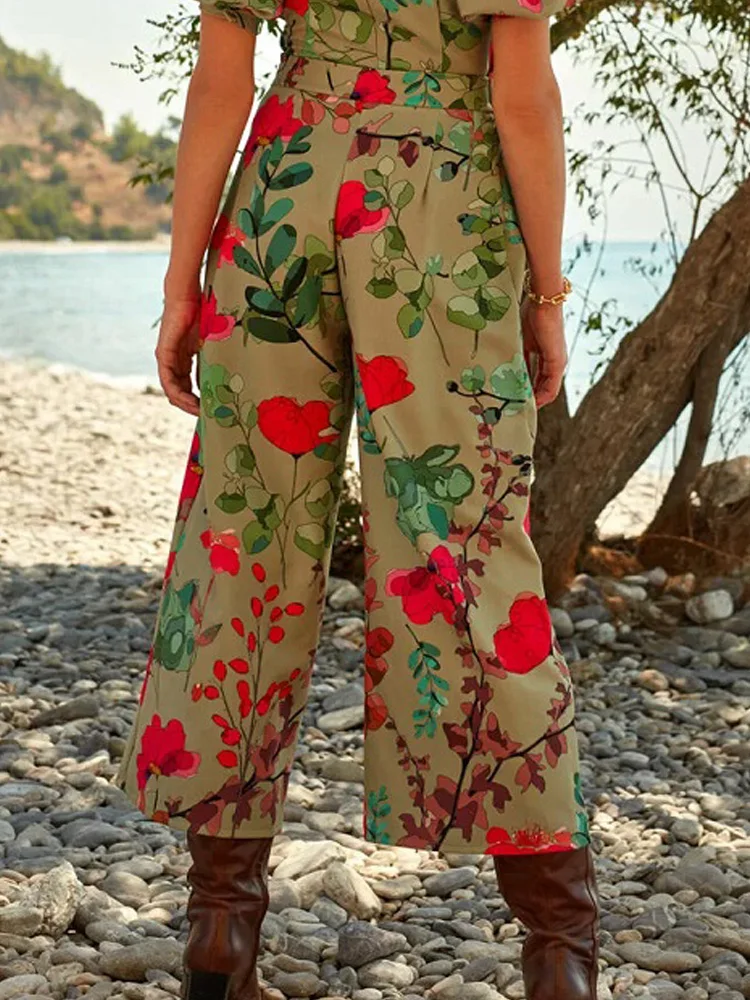 

Women Pink Flower Patterned Pants Blouse Two Pieces Set Casual Bussiness Spring Summer Top High Waist Trousers New 2021 Wide Leg