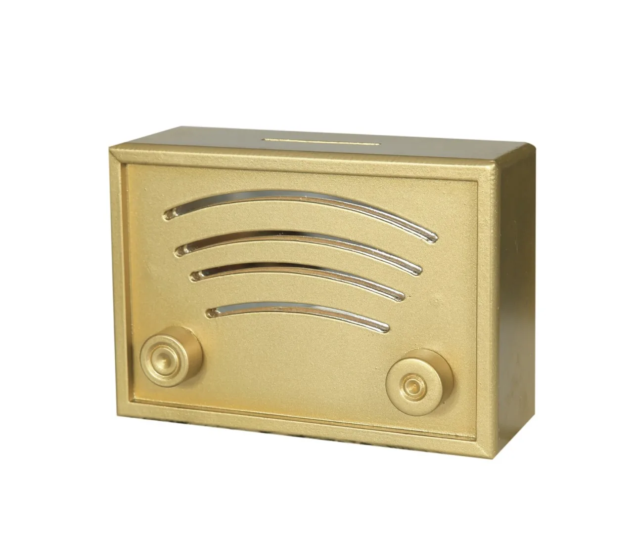 

Wooden Bamboo Gold Mirrored Piggy Bank Money Decorative Radio Look Toy Ornament